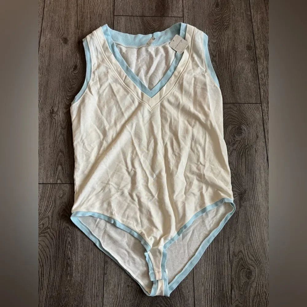 Free People Intimately Cozy Cool Girl Ivory Blue V-Neck Bodysuit